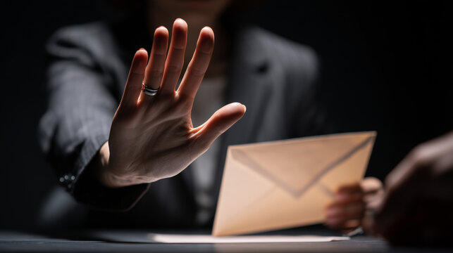 Businessperson making a stop gesture while holding documents in a dark office setting, symbolizing rejection, ethics, boundaries, and professional integrity.