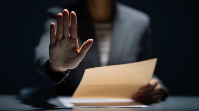 Businessperson making a stop gesture while holding documents in a dark office setting, symbolizing rejection, ethics, boundaries, and professional integrity.