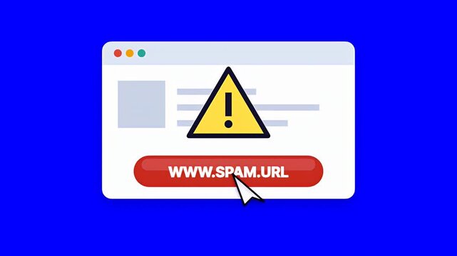 Animation of a mouse cursor clicking a malicious spam link on a web browser window with a warning icon