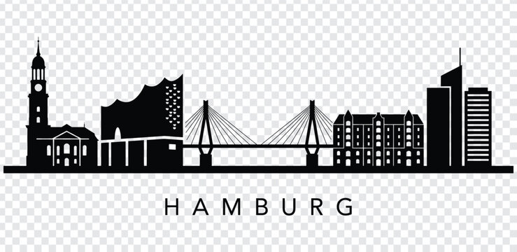 Black silhouette of hamburg city skyline with bridge and buildings