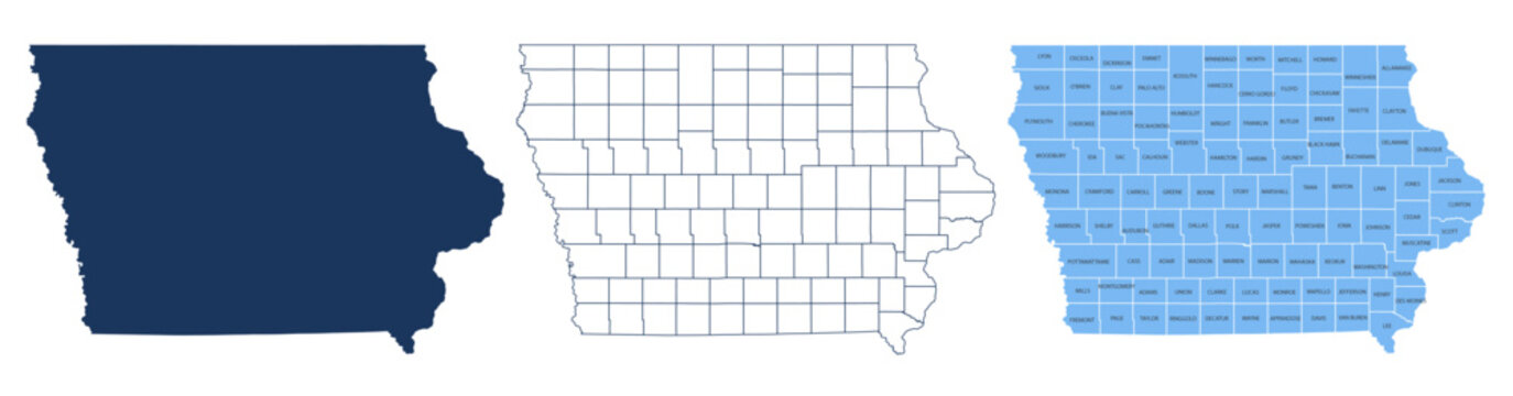 Iowa Counties Map with Labels &ndash; State Silhouette and County Boundaries Vector