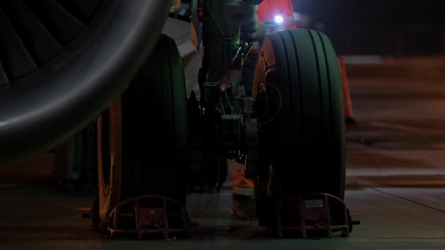 Airplane aircraft landing gear technic man inspection. Airport terminal technician worker man airline maintenance ground crew aircraft. Safety at evening night.