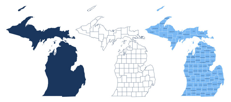 Michigan Counties Map with Labels &ndash; State Silhouette and County Boundaries Vector