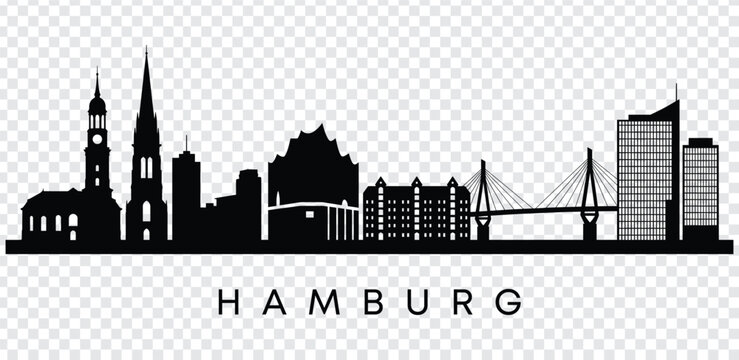 Black silhouette of hamburg city skyline with bridge and buildings