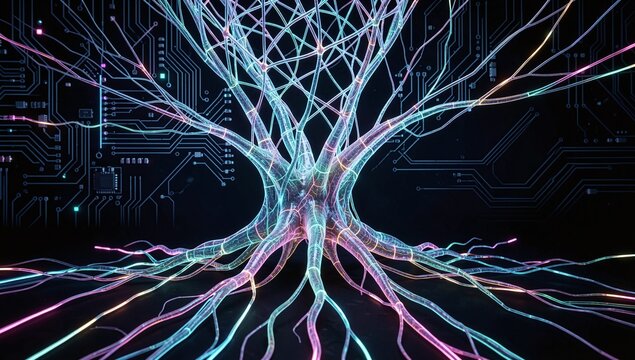 Wide organic neural network made of semi-transparent neon threads in a digital void