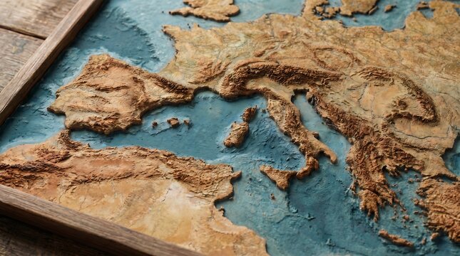 Artistic wooden framed 3D relief map of Europe and the Mediterranean region