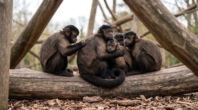 Cute capuchin monkey family bonding and grooming on a rustic log