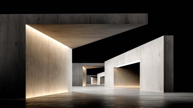 Illuminated minimalist concrete passageway stretches into deep darkness