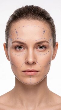 Woman faces marked with surgical lines. Her expression remains calm and neutral. Hair pulled back neatly against plain white background. Suitable for cosmetic or medical procedure presentations