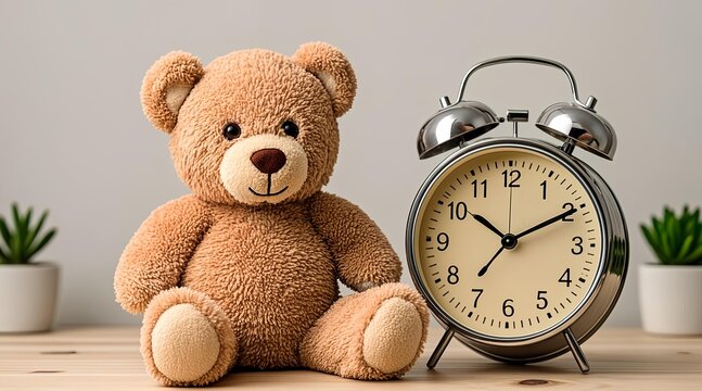A cute teddy bear sitting next to an alarm clock on a wooden surface, suggesting bedtime or a reminder