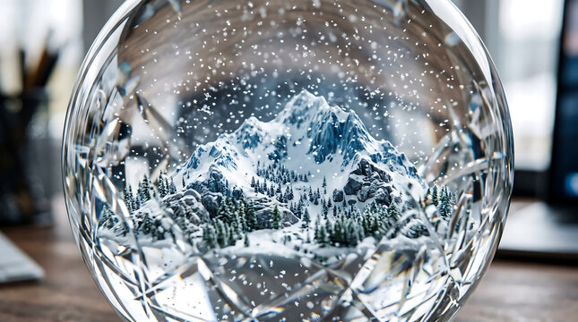 Crystal glass paperweight with a miniature snowy mountain and pine forest