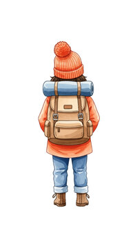 Watercolor illustration of a child hiker seen from behind, wearing an orange knit beanie and jacket, carrying a large tan backpack with a blue bedroll on a white background.