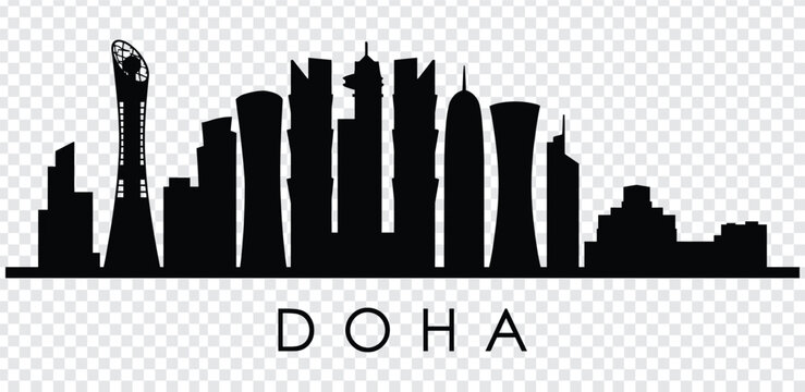 Black silhouette of doha city skyline with various skyscrapers and towers