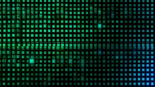 Abstract green square grid pattern background with glowing digital texture, dark geometric rectangle symmetry and futuristic mosaic design