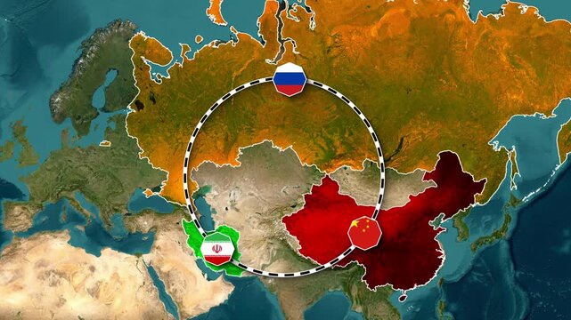 Global map animation showing the geopolitical connection between Russia, China, and Iran
