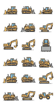 Set of eighteen flat vector line art illustrations of yellow heavy construction machinery, featuring crawler bulldozers, hydraulic excavators, and a front loader icon set.