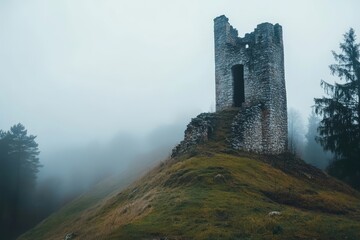 Fototapeta premium Ruined Medieval Tower on Misty Hilltop in Latvian Countryside