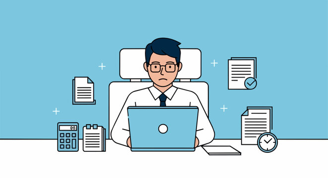 Businessman working on a laptop surrounded by paperwork