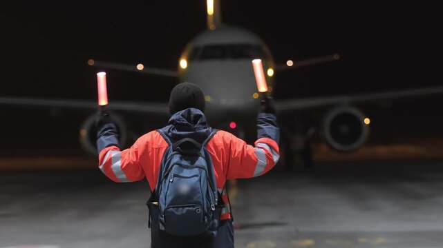 Airplane at night evening marshaling airfield runway. Airport terminal maintenance ground crew aircraft. Preparing for departure takeoff. Safety. Technician worker marshalls man.