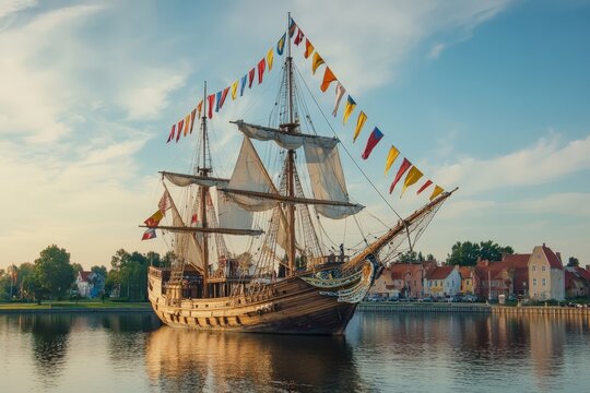Vintage Wooden Sailing Ship Docked at Klaipeda Port at Sunset