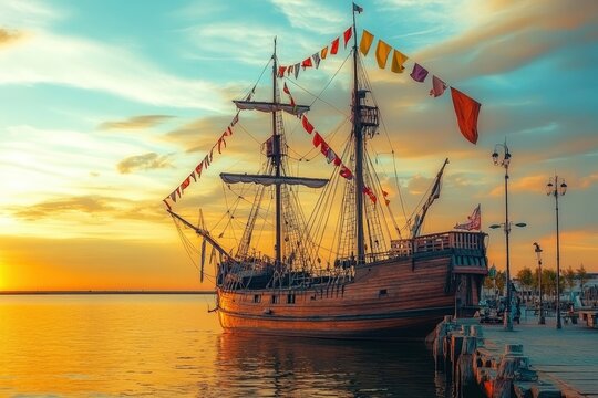 Vintage Wooden Sailing Ship Docked at Klaipeda Port During Golden Hour