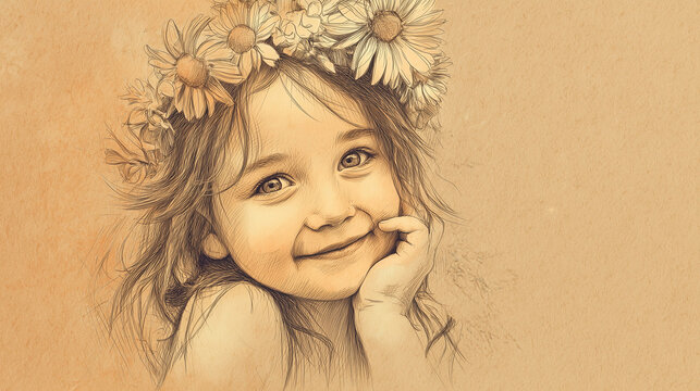 Cute girl sketch with flower crown drawing portrait art for kids room decor nursery wall art print poster