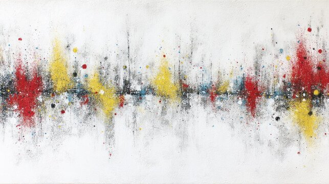 Abstract composition displays vibrant splashes and textured layers across a bright background