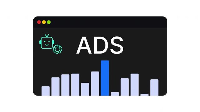 Digital advertising dashboard showing ADS text with robot icon and bar chart