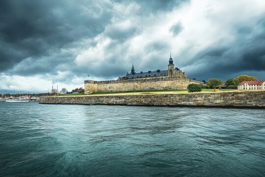 Kronborg Castle by the Sea under Dramatic Cloudy Sky