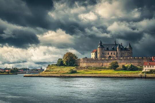 Kronborg Castle on the Danish Coast Under Dramatic Grey Clouds