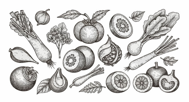 Vintage engraved illustration set of assorted vegetables and fruits including tomato, radish, celery, figs, and citrus slices, featuring detailed cross-hatching woodcut style.