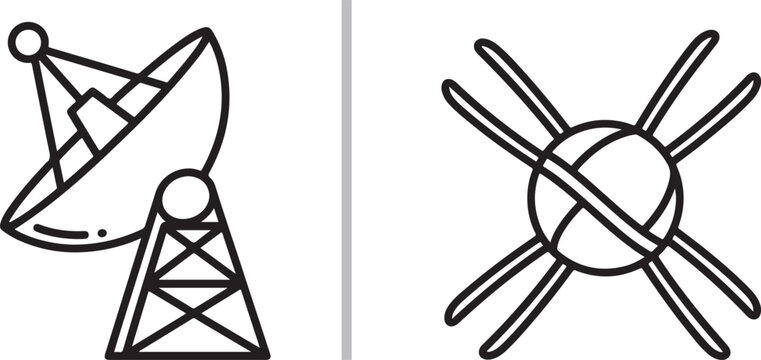Satellite dish and space satellite line art icons isolated on white background vector illustration