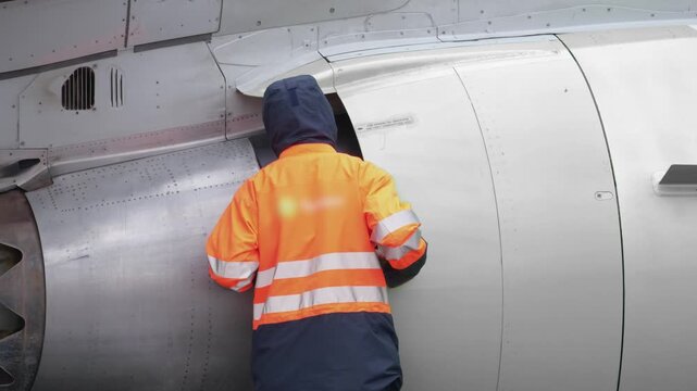 Airplane jet aircraft engine technic man inspection. Airport terminal technician worker man airline maintenance ground crew aircraft. Safety at evening night.