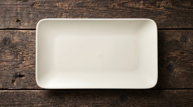 Empty white rectangular ceramic plate on a dark rustic wooden background