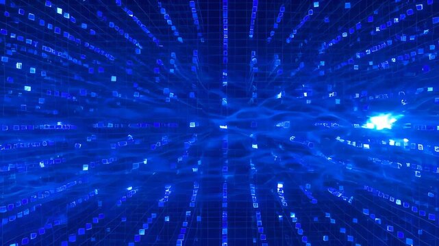 Digital data tunnel with blue light, abstract background, motion blur, futuristic grid and tech pattern, green digital grid tunnel glowing square lines, abstract technology background with futuristic