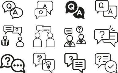 Fototapeta premium Question answer icon set collection group, FAQ help support symbol, ask reply communication sign, information dialog chat bubble flat line glyph outline vector isolated on white background.