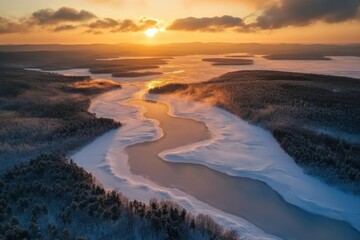 Fototapeta premium Golden Sunset Over Frozen Lake and Snowy Pine Forest in Northern Wilderness