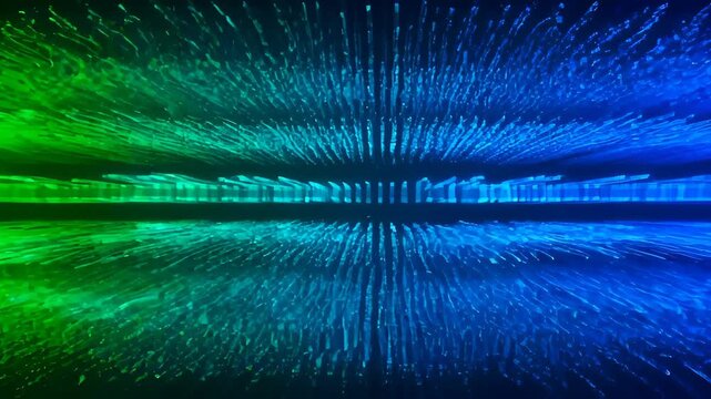 Abstract digital light tunnel with green and blue glowing data stream, futuristic motion background, perspective lines and radiant particles for SEO friendly technology visuals