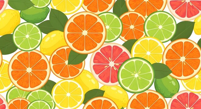 Seamless pattern of colorful citrus slices orange lemon and lime