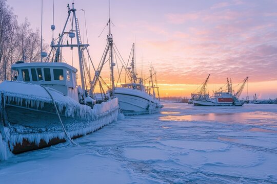 Fishing Boats Frozen in Icy Harbor at Winter Sunrise in Oulu