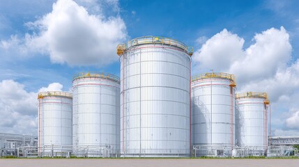 Obraz premium Modern Industrial Storage Tanks Against Bright Blue Sky with White Clouds in a Clear Day