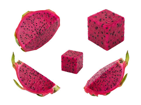 Fresh dragon fruit, pitaya, cut into various geometric cubes and natural slices, isolated on transparent background.