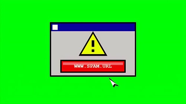 Animated retro computer popup window showing a spam link warning with a mouse cursor clicking the red button