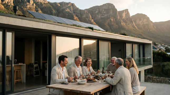 Elegant family dining at modern off grid sustainable luxury home at sunset