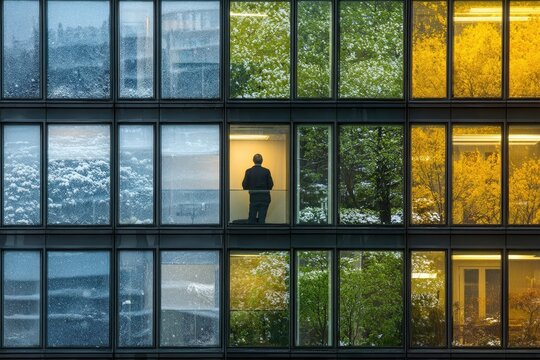 Office Windows Displaying All Four Seasons Simultaneously in Urban Setting
