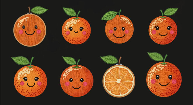 Set of eight embroidered orange fruit characters with cute smiling faces and pink cheeks, featuring detailed thread textures, green leaves, and cross-section views on a dark background.