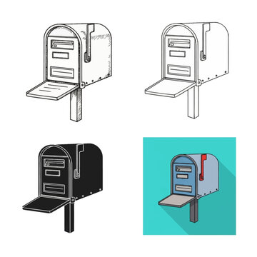Set of four mailbox illustrations including a cross-hatched sketch, a clean line art version, a solid black silhouette, and a flat color design icon with a red signal flag.