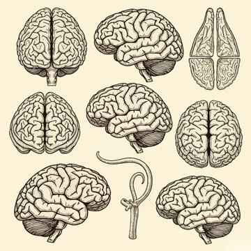 A collection of vintage-style engraved diagrams of the human brain, featuring lateral, superior, and inferior anatomical views with detailed gyri and sulci in woodcut style.