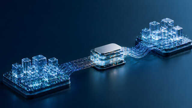 Cloud data migration concept with connected digital platforms and glowing information flow