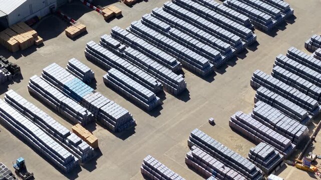 Aerial view of organized stacks of concrete blocks at an industrial production facility in Ellistown, England, United Kingdom.